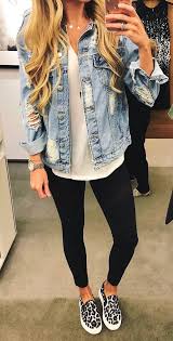Womens Black And Blue Denim Jacket Fall Outfits Women S Black And White Slip On Shoes Black Leggings Distressed Blue Denim Jacket Chic Outfits Spring Casual Chic Spring Outfits With Leggings