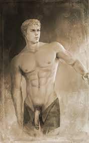 art of neight, reiner braun, shingeki no kyojin, absurdres, highres, 1boy,  abs, bare shoulders, male focus, monochrome, muscular, muscular male, open  pants, pants, pectorals, penis, pubic hair, sepia, solo, topless male -