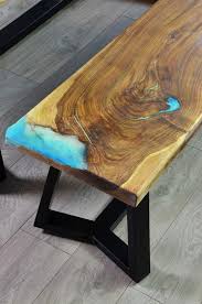 Live Edge River Dining Table With Bench And Glowing Resin Fill In In 2020 Dining Table With Bench Live Edge Table Dining Rooms Live Edge Dining Room