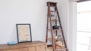 Single four step metal rolling ladder with handrails. Ladder Shelf Diy Old Wooden Ladder Upcycled For Rustic Storage Unit Youtube