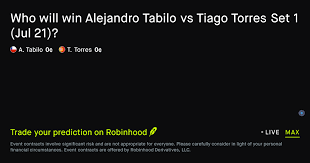 July 21, 2026: Alejandro Tabilo vs Tiago Torres: Set 1 Winner Tennis Prediction Market