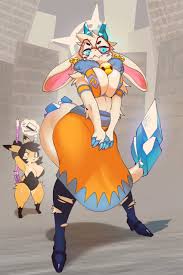 swiwwel, angela (atlyss), atlyss, black footwear, absurdres, commentary,  english commentary, highres, 2girls, :<, angela flux, animal ears,  armband, arms between legs, bell, black hair, blue blush, blue eyes, blue  gemstone, blush stickers,