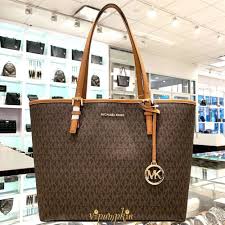 Black And Brown Mk Purse Michael Kors Jet Set Travel Medium Carryall Tote Mk Signature Pvc Bag Brown Michael Kors Bag Brown Mk Handbags Michael Kors Michael Kors Tote Bags