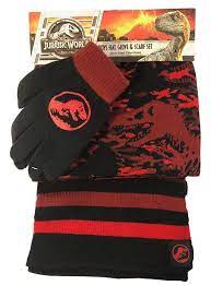 Jurassic World Dinosaur Trex Red Black Hat Glove Scarf Set For Boys Fashion Clothing Shoes Accessories Mensaccessor Scarf Set Black And Red Dinosaur Trex