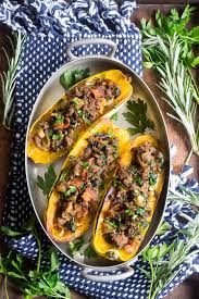 Delicata Squash Is Roasted To Perfection And Stuffed With Ground Beef Caramelized Onions Bacon Spinach Mushro Delicata Squash Beef Bacon Ground Beef Dishes
