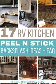An angled double sink at the kitchen area with a refrigerator and a three burner. 17 Peel And Stick Kitchen Rv Backsplash Ideas The Crazy Outdoor Mama