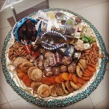 Blue Artisanal Tray Filled With Yummi Treats Driedfruit Figs Walnut Almond Chocolate Dates Chocolate Favors Chocolate Cherry Chocolate