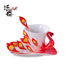 活器家居旗舰店 活器珐琅瓷孔雀咖啡杯欧式套装情侣陶瓷创意水杯子 tea cup set tea cups tea