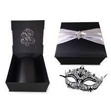 Masquerade Box In Black With Silver Sash And Fleur De Lis Rhinestone Brooch Embellishment Sold Wholesale And Retail With Masquerade Crystal Brooch Black Silk