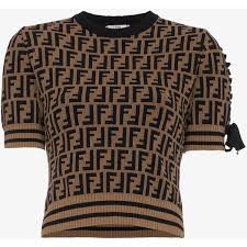 Fendi Knitted T Shirt With Logo Pattern 965 Liked On Polyvore Featuring Tops T Shirts Brown Brown T Womens Shirts Knitted Tshirt Short Sleeved Sweaters