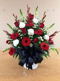 Maybe you would like to learn more about one of these? Alter Arrangement Church Flowers Red White And Black Gerber Daisies Roses C Red Flower Arrangements Large Flower Arrangements Funeral Flower Arrangements