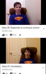 His posts feature him playing a socially awkward and aggressive young man; Superman Is Coming To School Wellthatsucks