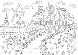 The actual file does not Coloring Page Of Rural Landscape Farm House Windmill Water Royalty Free Cliparts Vectors And Stock Illustration Image 86207185