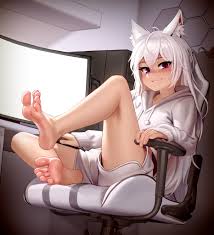 explicit, artist:kairunoburogu, 1girl, absurdres, barefoot, blush,  character request, copyright request, feet, foot focus, hentai, highres,  hood, hoodie, legs, long hair, looking at viewer, purple eyes, sitting,  smile, soles, solo, toes, white hair,