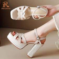 PRXDONG Women's Shoes 2024 New Summer Fashion Genuine Leather Square High  Heels Thick Platform Black Brown Dress Party Sandals - AliExpress