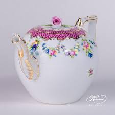 Ghasanov russian pottery flowered tea pot with gold detail.8long x 5tall x 5w. Tea Pot Flower Garland Purple Fish Scale Herend Austria