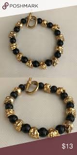 Black And Gold Bracelet Gold Skull Bracelet With Black Stones I Love This Bracelet Bought At Sturgis In The Early 90 S Jewelry Kids Gold Jewelry Baby Jewelry Gold Baby Bracelet Gold
