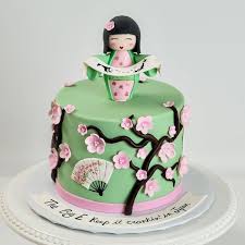 Moving To Japan Cherry Blossom Going Away Cake With Japanese Fans And Japanese Girl Blue Lace Cakes Cherry Blossom Cake Japan Cake Anime Cake