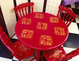 Emily (@thelookforless.home) and her husband's 1980s dining room. Hand Painted Dining Room Table And Chairs Little Moon Tibetan Gift Shop