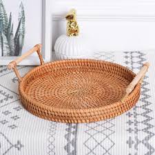 Tray is perfect for use on entryway table, vanity, ottoman, coffee table or even for serving drinks! Practical Rattan Tray With Handle Hand Woven Multi Purpose Wicker Tray With Durable Rattan Fiber Round For Breakfast Drink Snack Storage Trays Aliexpress