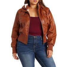 Charlotte Russe Plus Size Cognac Convertible Faux Leather Bomber Jacket By Charlotte Russe Womens Bomber Jacket Outfit Bomber Jacket Women Brown Bomber Jacket