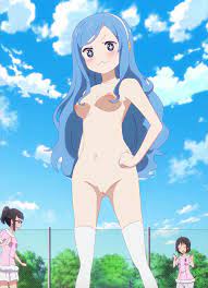 tachibana sylphynford, himouto! umaru-chan, absurdres, highres, nude  filter, screencap, third-party edit, + +, 3girls, :3, blue hair, breasts,  chain-link fence, closed eyes, closed mouth, cloud, fence, glasses,  multiple girls, navel, nipples, nude,