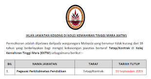 Ni adalah satu lagi kekosongan sektor kerajaan yang dibuka pada bulan ini. Jawatan Kosong Di Kolej Kemahiran Tinggi Mara Kktm Guru Ejawatankini Com