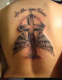 Set of illustrations of winged christian religious crosses. Angel With Wings Cross Tattoo On Back
