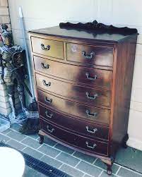 Furniture Fixation Sold Beautiful But In Need Of Some Love Dineen Furniture Sydney Curved Fronted Chest Of Drawers Beautiful Carved Detail At The Top Of The Backboard Queen
