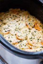 Easy Cheesy Scalloped Potatoes Made In The Crock Pot Both Regular And Sweet Pot Scalloped Potato Recipes Slow Cooker Casserole Slow Cooker Scalloped Potatoes