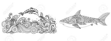 About dolphin coloring page for adults & kids graphic. Three Dolphins Jumping Into The Sea And Shark Collection For Adult Coloring Pages T Shirt Design Print On Product Tattoo And Other Design Element Vector Illustration Royalty Free Cliparts Vectors And Stock Illustration Image 119694925