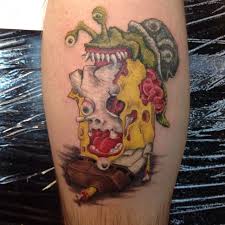 Love this but would definitely add color with no tattoos and eyeballs lol! Zombie Spongebob Square Pants Tattoo By Ricky At Over The Edge Tattoos Spongebob Tattoo Zombie Tattoos Dory Tattoo
