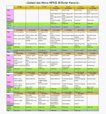 Jadwal menu mpasi 9 bulan sebaiknya diberikan 4 kali sehari dengan komposisi 3 kali makan berat dan 2 kali camilan mpasi. Download Tabel Jadwal Pemberian Mpasi Bayi 6 Bulan Background Pbsafety
