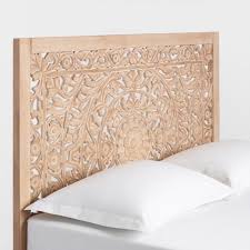 Crafted Of Kiln Dried Mango Wood With A Natural Finish Our Exclusive Headboard Features An Carved Headboard Affordable Bedroom Furniture Wood Carved Headboard