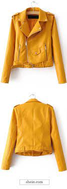 Yellow Faux Leather Belted Moto Jacket With Zipper Jackets Leather Jacket Fashion