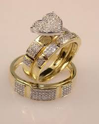 14k Yellow Gold Over His Her Heart Shape Diamond Wedding Bridal Trio Ring Set Engagement Rings Bridal Sets Bridal Ring Sets Wedding Rings Engagement