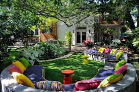 Beautiful Garden Design And Backyard Lndscaping With Colorful Sofa Beautiful Backyards Outdoor Design Outdoor Rooms