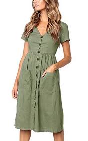 Angashion Women S Dresses Short Sleeve V Neck Button T Shirt Midi Skater Dress Pockets At Amazon Wome Midi Dress Casual Midi Dress Summer Dresses Casual Winter