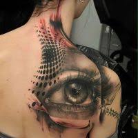 The choice of the place is ideal for tattooing for both men and women. Realistic Big Female Eye Polka Trash Tattoo On Shoulder Blade Entertainmentmesh