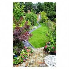 Narrow Backyard Visually Enlarged By Angled Patio Sinuous Lawn Path With A Gardendesignlayout Narrow Garden Garden Design Layout Garden Design