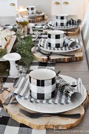 Black And White Christmas Table Decorations Rustic Black And White Christmas Table Wood Chargers A Chocolate Birch Bark Yule Log Cake And Handmade Clay Mush Christmas Table Decor Black And White Decor
