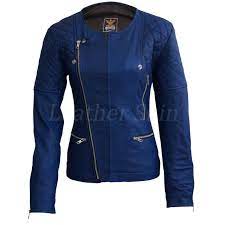 Leather Skin Women Blue Shoulder Quilted Collarless Genuine Leather Jacket Leather Jackets Women Blue Leather Jacket Jackets For Women