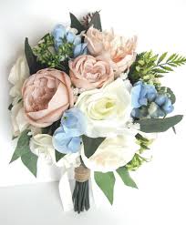 Wedding Bouquet 17 Piece Bridal Bouquet Package Peach Blush Dusty Blue Silk Flower Bouquet Set Bridesmaid Bouquet Wedding Rosesanddreams In 2020 Prom Flowers Bouquet Bridal Bouquet Bridal Bouquet Flowers