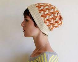Optical Illusion Y Geometric Pattern Knit Winter Beanie Knitted Hat Cream Pumpkin Orange Knit Pumpkin Knit Slouchy Hats Knitted Hats