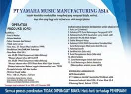 Hasil produk alat musik dari pt yamaha music manufacturing asia ini dipasarkan dengan brand yamaha. Lowongan Kerja Operator Produksi Pt Yamaha Music Manufacturing Asia Ymma Terbaru Priode Bulan Agustus 2020