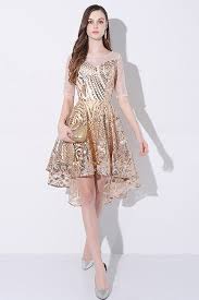 Sparkly Gold Sequin High Low Short Party Dress With Sleeves Ama86022 Gemgrace Com Short Party Dress Party Dresses With Sleeves Affordable Formal Dresses