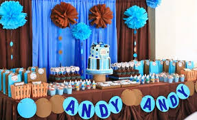 Pregnant woman receiving presents on baby shower. Blue And Brown Party Theme Kids Party Hub Blue And Brown Polkadots Dessert And Candy Buffet Baby Shower Candy Baby Shower Candy Table Cookie Monster Party