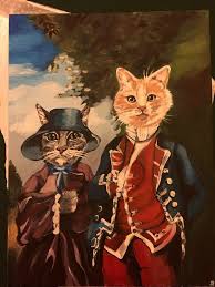 Hand Drawn Cat People Painting Wow Another Gift For The Cat Lover In Your Family Cats Dressed Up As Real People In The O Cat Drawing Fancy Cats Cat Painting