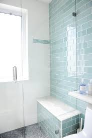 Blue Glass Subway Shower Tiles With Gray Mosaic Shower Floor Contemporary Bathroom Trendy Bathroom Bathrooms Remodel Shower Remodel