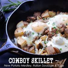 Cowboy Skillet New Potato Medley Italian Sausage Eggs Recipe Italian Sausage Sausage And Egg Potato Hash Breakfast